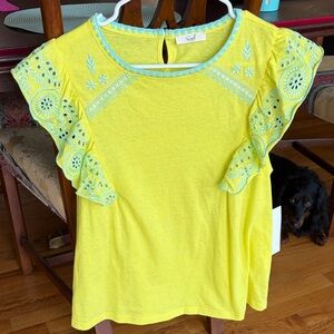 Easel Yellow Flutter Sleeve Embroidered Tee